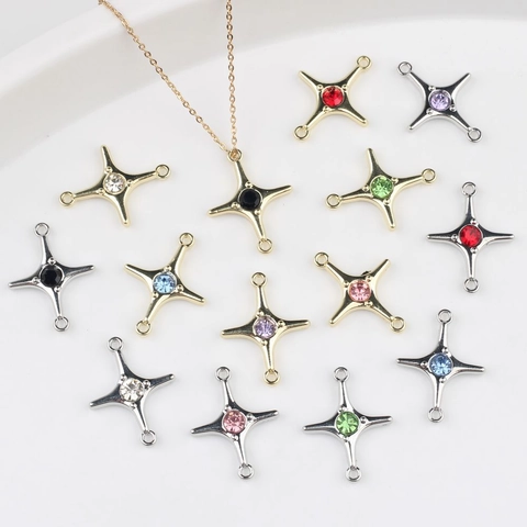 Alloy Rhinestone Four Pointed Star Double Loop Jewelry Connectors Gold Silver Star Charms For Necklace Bracelet Making DIY Jewelry Accessories