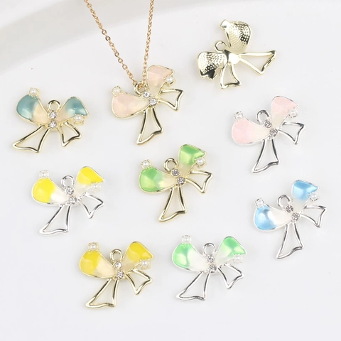 Alloy Enamel Bow Knot Pendant With Rhinestone Artificial Pearl Accents For DIY Necklace Bracelet Earrings Jewelry Making Accessories