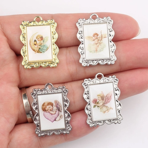 Vintage Baroque Alloy Cherub Pendant For DIY Jewelry Making Gold Silver Rectangular Embossed Angel Frame Craft Finding
