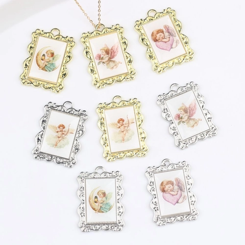 Vintage Baroque Alloy Cherub Pendant For DIY Jewelry Making Gold Silver Rectangular Embossed Angel Frame Craft Finding