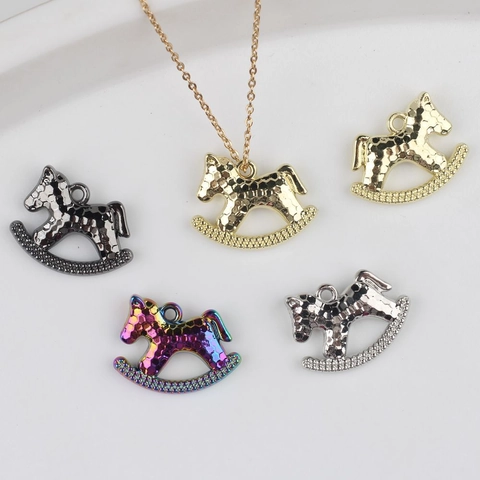 Hammered Zinc Alloy Rocking Horse Pendant Rhinestone DIY Necklace Earring Making Charms Fashion Jewelry Findings Accessories