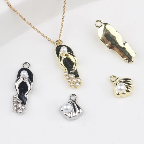 Alloy Artificial Pearl Rhinestone Shell Flip Flop Pendants Charms For DIY Jewelry Making Necklaces Earrings Bracelet Crafts Accessories
