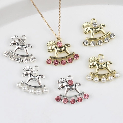 Zinc Alloy Rocking Horse Pendant Rhinestone Artificial Pearl Inlaid DIY Jewelry Making Accessory For Necklace Bracelet Earring