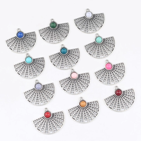 Vintage Fan Shape Alloy Hollow Pendants Resin Inlaid DIY Jewelry Findings For Necklace Bracelet Keychain Making Accessories