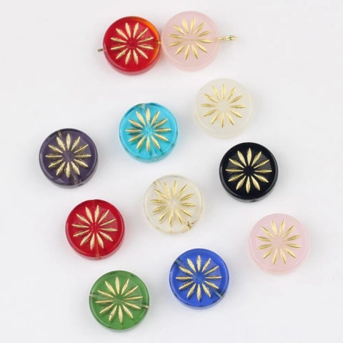 Perles en Verre Tchèque Rondes Plates Avec Motif d'Étoile de Feu d'Artifice Doré pour Fabrication de Bijoux DIY Bracelet Accessoires de Coiffure Perles en Vrac Rétro