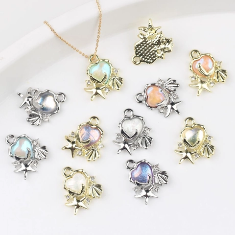Ocean Theme Heart Pendant Starfish Shell Fish Tail Alloy Zircon DIY Jewelry Making Accessories Charms For Women Girls