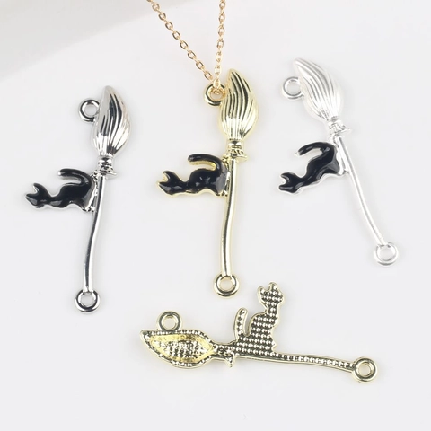 Witch Broom Black Cat Alloy Enamel Pendants For DIY Jewelry Making Necklace Bracelet Connector Halloween Theme Accessories