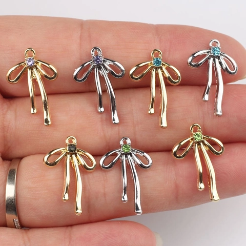 Zinc Alloy Rhinestone Bow Ribbon Pendant Charms For DIY Necklace Bracelet Making Accessories Gold Silver Metallic Colors Jewelry Finding