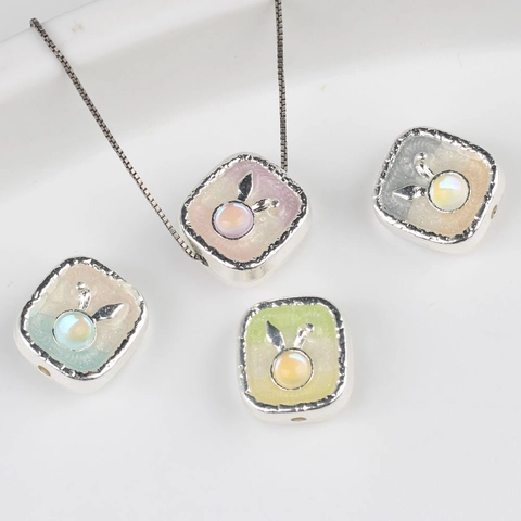 DIY Square Zinc Alloy Resin Rabbit Beads With Artificial Pearl Drip Oil Loose Spacer Beads For Jewelry Making Bracelet Necklace