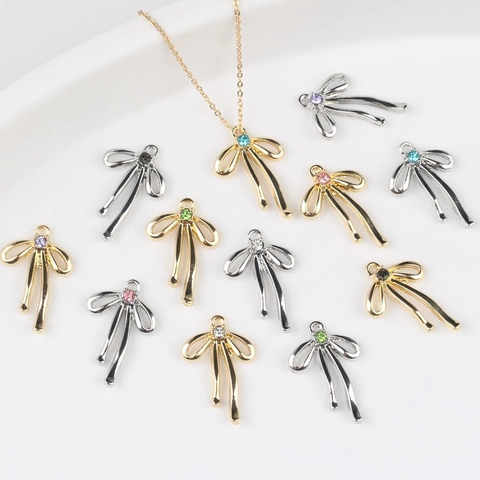 Zinc Alloy Rhinestone Bow Ribbon Pendant Charms For DIY Necklace Bracelet Making Accessories Gold Silver Metallic Colors Jewelry Finding