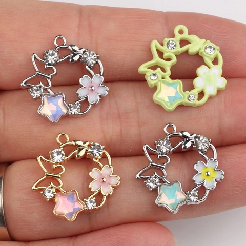 Alloy Flower Wreath Pendant with Butterfly Star and Enamel Decoration for DIY Jewelry Making Necklace Bracelet Finding