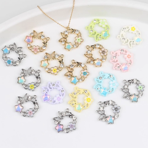Alloy Flower Wreath Pendant with Butterfly Star and Enamel Decoration for DIY Jewelry Making Necklace Bracelet Finding