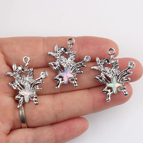 Alloy Butterfly Star Pendant With Artificial Opal Rhinestone DIY Necklace Bracelet Jewelry Accessories Silver Tone Pendant