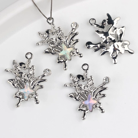 Alloy Butterfly Star Pendant With Artificial Opal Rhinestone DIY Necklace Bracelet Jewelry Accessories Silver Tone Pendant