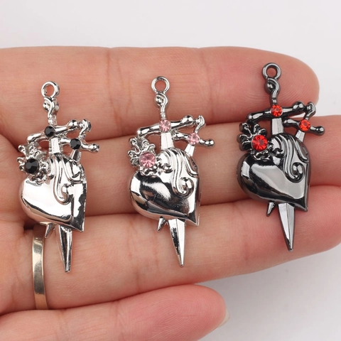 Alloy Gothic Heart Dagger Pendants Rhinestone Charms For DIY Necklace Bracelet Making Gothic Punk Jewelry Findings