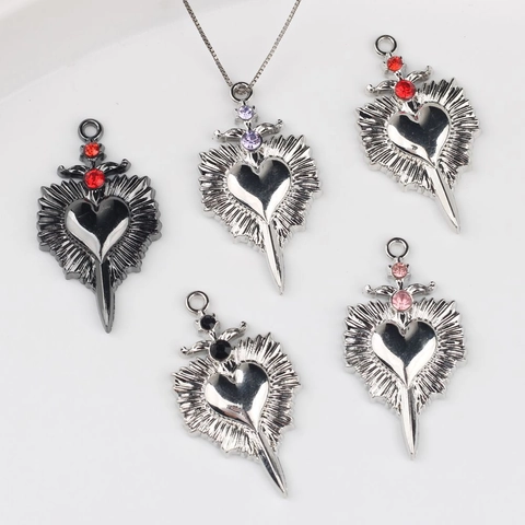 Gothic Alloy Rhinestone Heart Dagger Pendant For DIY Jewelry Making Sacred Heart Sword Heart Charm Necklace Accessory