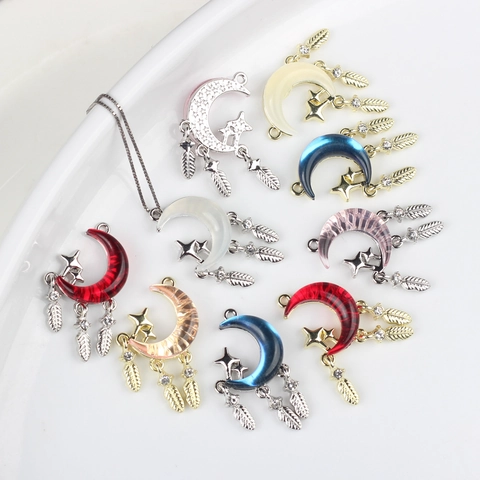 Bohemian Alloy Resin Moon Star Pendant With Rhinestone Feather Tassel DIY Charm For Necklace Bracelet Jewelry Making