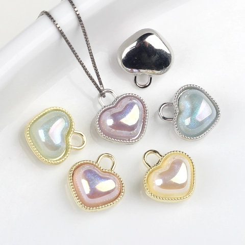 Simple Alloy Iridescent Resin Heart Pendant Charms With Beaded Edge For DIY Necklace Earring Jewelry Making Women Girls