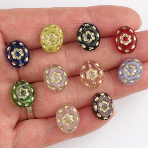 Czech Glass Oval Beads Gold Painted Flower Pattern DIY Jewelry Making Accessories For Bracelet Hairpin Handmade Beads