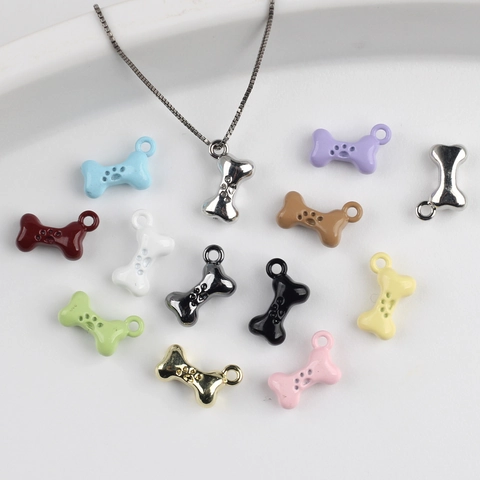 Cute Zinc Alloy Bone Shape Pendants With Paw Print Pattern Painted Enamel For DIY Jewelry Making Necklaces Bracelets