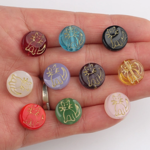 Czech Glass Cat Beads Flat Round Golden Cat Pattern Multi Color Loose Beads For DIY Craft Jewelry Making Necklaces