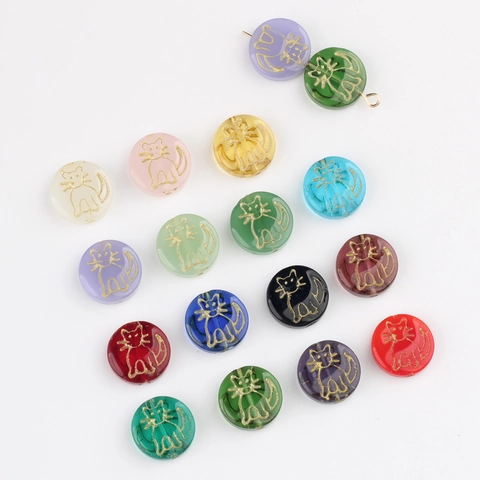 Czech Glass Cat Beads Flat Round Golden Cat Pattern Multi Color Loose Beads For DIY Craft Jewelry Making Necklaces