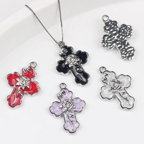 Pendentif Croix Rose en Alliage Émaillé pour DIY Collier Gothique Vintage Religieux Fleur Accessoire Bijouterie