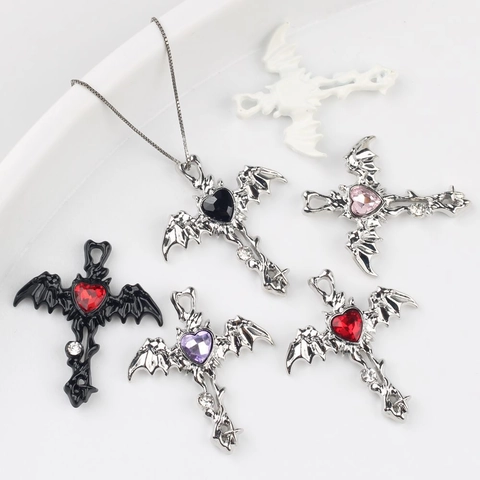 Gothic Bat Wing Heart Cross Pendant Zinc Alloy Rhinestone Charm For DIY Necklace Bracelet Earring Jewelry Making Accessory