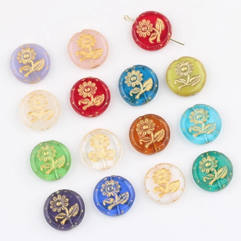 Vintage Czech Glass Sunflower Hand-Painted Gold-Traced Round Flat Beads DIY Jewelry Making Accessories Loose Beads