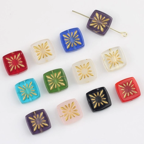 Square Czech Glass Beads 10mm Gold Painted Firework Design Antique Style Lampwork Loose Beads For DIY Jewelry Making Accessories