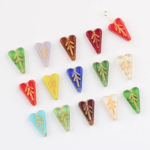 Czech Glass Heart Beads Vintage Gold Engraved Leaf Pattern Colorful Loose Beads For DIY Jewelry Handmade Bracelet Accessory