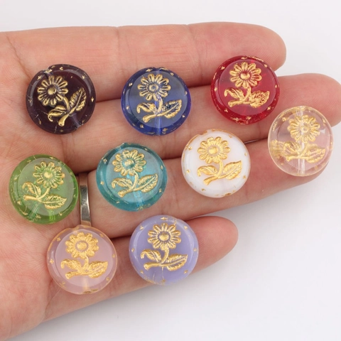 Vintage Czech Glass Sunflower Hand-Painted Gold-Traced Round Flat Beads DIY Jewelry Making Accessories Loose Beads