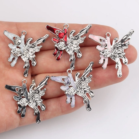 Liquid Metal Alloy Butterfly Pendant With Enamel Rose Heart Zircon DIY Jewelry Making Charms For Necklace Bracelet Earrings