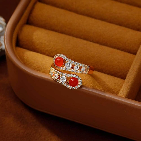 Luxury 18K Gold Plated Copper Bypass Snake Ring For Women Red Agate Cubic Zirconia Inlaid Adjustable Opening Finger Ring