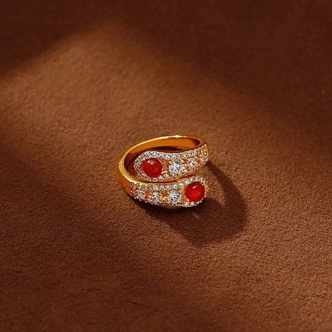 Luxury 18K Gold Plated Copper Bypass Snake Ring For Women Red Agate Cubic Zirconia Inlaid Adjustable Opening Finger Ring