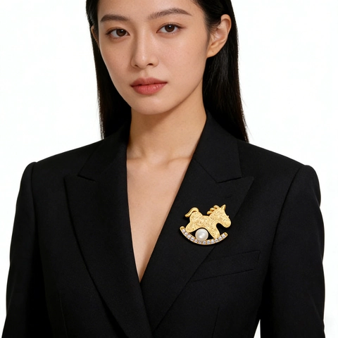 Vintage Rocking Horse Brooch Copper 18K Gold Plated Zirconia Artificial Pearl Hammered Texture Horse Pin For Women Jewelry
