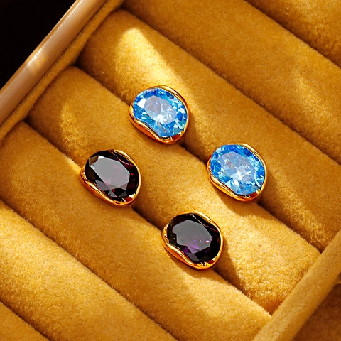 Minimalist Gold Plated Copper Oval Zircon Stud Earrings For Women Sky Blue Purple Stone Light Luxury Fashion Jewelry