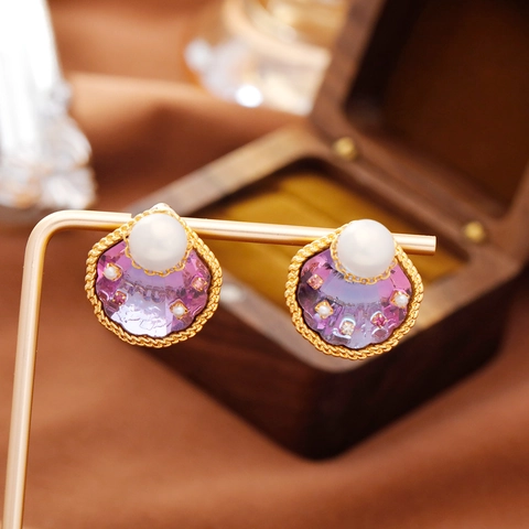 Orecchini a Bottone a Forma di Conchiglia in Cristallo Viola Vintage Con Perla Artificiale e Perno in Argento Sterling 925