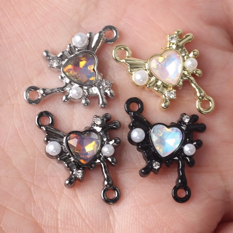 Alloy Heart Iridescent Crystal Pendant Connector Charm With Faux Artificial Pearl Rhinestone Double Loop For DIY Necklace Bracelet Making