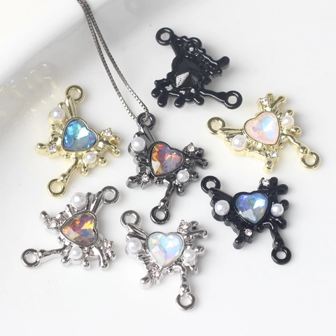 Alloy Heart Iridescent Crystal Pendant Connector Charm With Faux Artificial Pearl Rhinestone Double Loop For DIY Necklace Bracelet Making