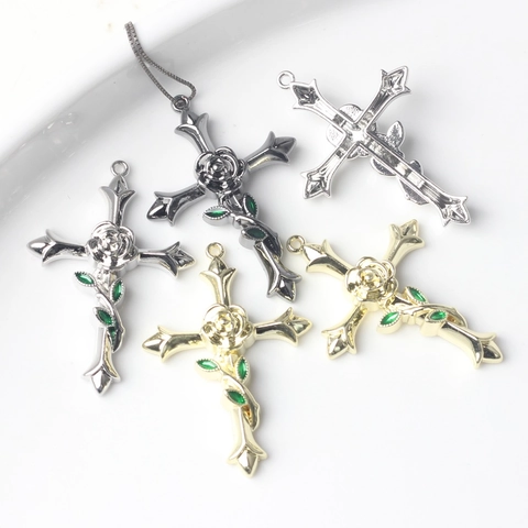 Pendentif Croix Rose en Alliage Vintage Émail Feuille Verte Breloques Bijoux Gothiques pour DIY Collier Bracelet Femmes Hommes