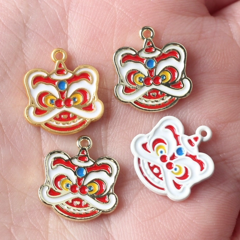 Colgante de Aleación de Cabeza de León de Estilo Chino Esmalte Tradicional Danza del León Dijes para Accesorios de Joyería DIY