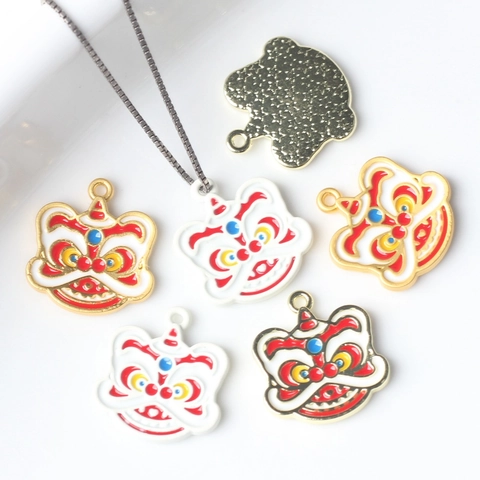 Colgante de Aleación de Cabeza de León de Estilo Chino Esmalte Tradicional Danza del León Dijes para Accesorios de Joyería DIY