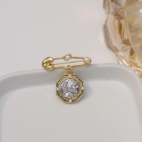 Spilla In Rame Placcato Oro 18K Vintage Antica Grecia Atena Moneta Rilievo Con Perla Artificial Smalto Strass Ritratto Gioielli