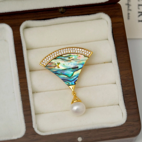 Broche de Cobre en Forma de Abanico Con Nácar Natural Perla de Agua Dulce Zirconia Joyería Bañada en Oro Vintage
