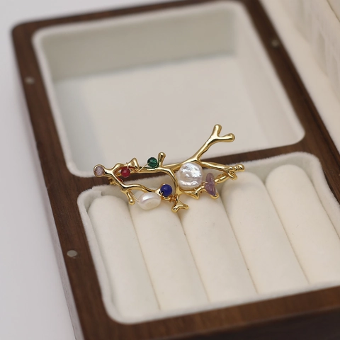 Vintage 18K Gold Plated Copper Brooch With Freshwater Pearl Multi Color Natural Stone Tree Branch Coral Shape Jewelry