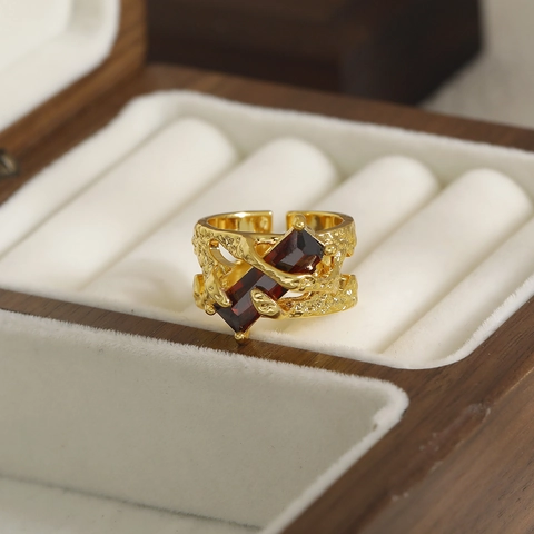 Anello in Rame Retrò con Trama Lavica per Donna con Zirconia Rettangolare Rossa Anello Aperto Regolabile Gioielli