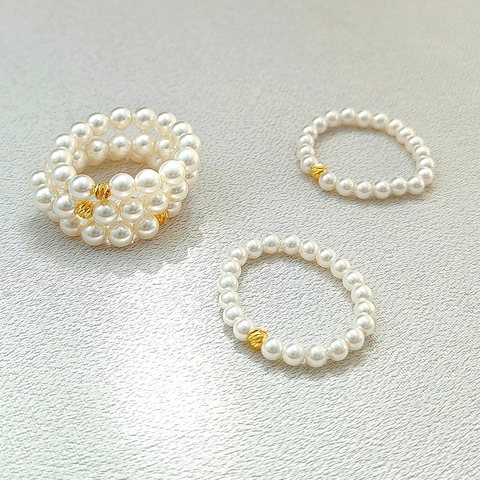 Minimalist Faux Artificial Pearl Beaded Elastic Ring For Women Handmade 18K Gold Plated Brass Lucky Bead Stretch Ring Fashion Jewelry