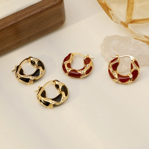Boucles d'Oreilles Créoles en Émail en Cuivre Vintage pour Femmes Retro Plaqué Or Strass Goutte d'Huile Géométrique Bijoux de Mode