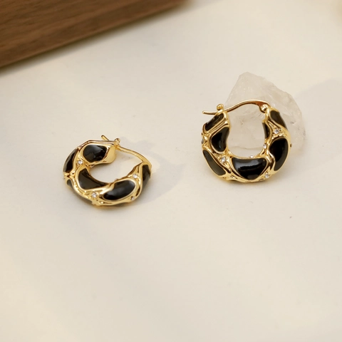 Boucles d'Oreilles Créoles en Émail en Cuivre Vintage pour Femmes Retro Plaqué Or Strass Goutte d'Huile Géométrique Bijoux de Mode